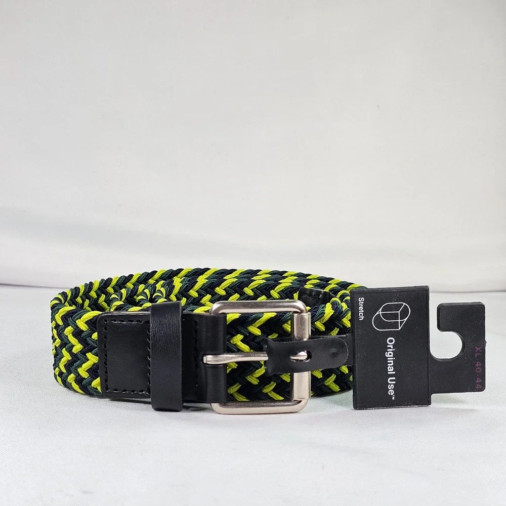 Original Use Mens Braided‎ Stretch Belt XL 40-44 Black Green Yellow Woven Buckle